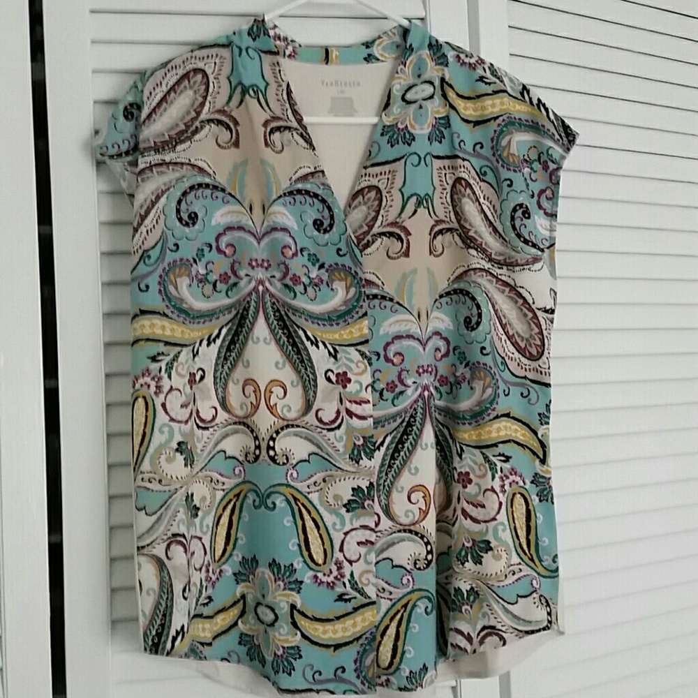 Blue and beige paisley Heusen mixed media top